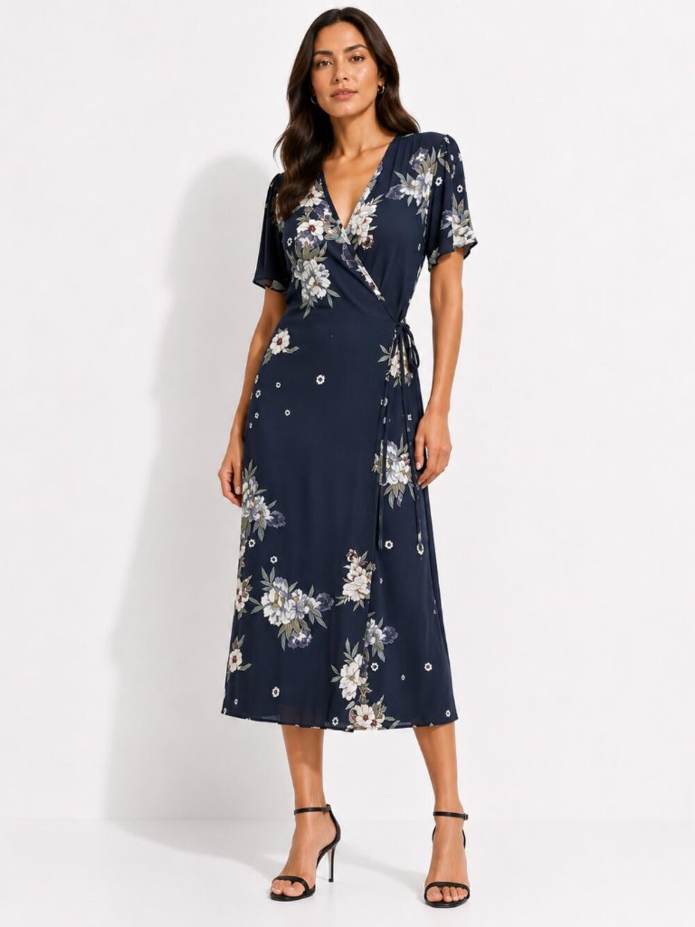 LACAUSA NAVY FLORAL WRAP MIDI DRESS - XS